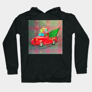 Christmas Plaid Graphic with Red Truck hauling Wrapped Presents in the Snow Cute Farmhouse Home Décor Gift Hoodie